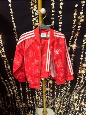 adidas Red Kids Disney Track Jacket with White Stripes